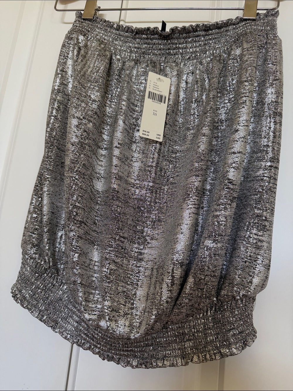 Anthropologie soft blousey strapless top in silver metallic design, XS NWT